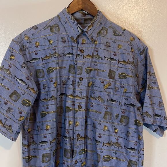VTG Woolrich Blue Fish and Fishing Gear Button Up Shirt Men’s Size Large - Picture 3 of 4